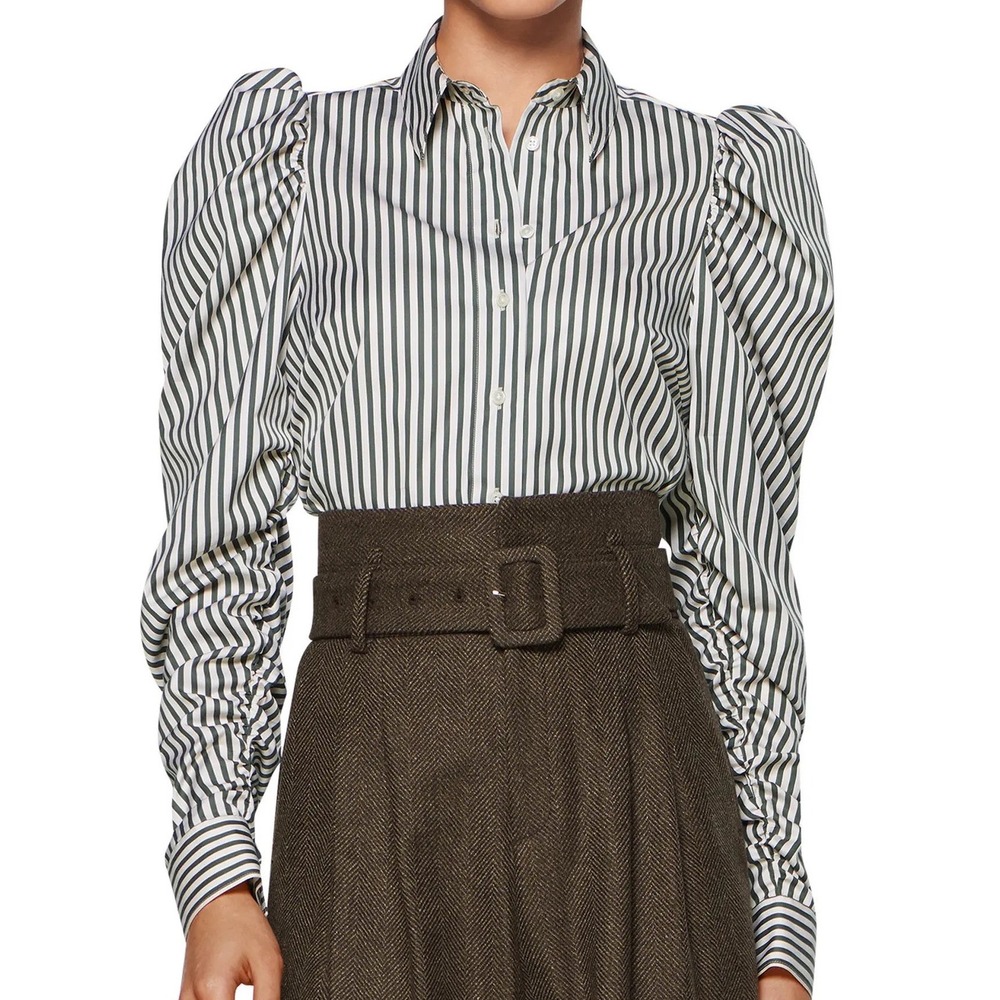 SUISTUDIO Gemma Stripe Puff Sleeve Blouse Button Front Green Cream Ruched 36R
